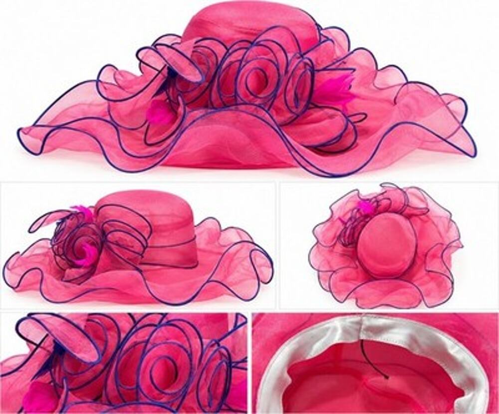 Womens Fuchsia Pink Wide Brim Organza Ruffle Hat Navy Trim Feather Accent
